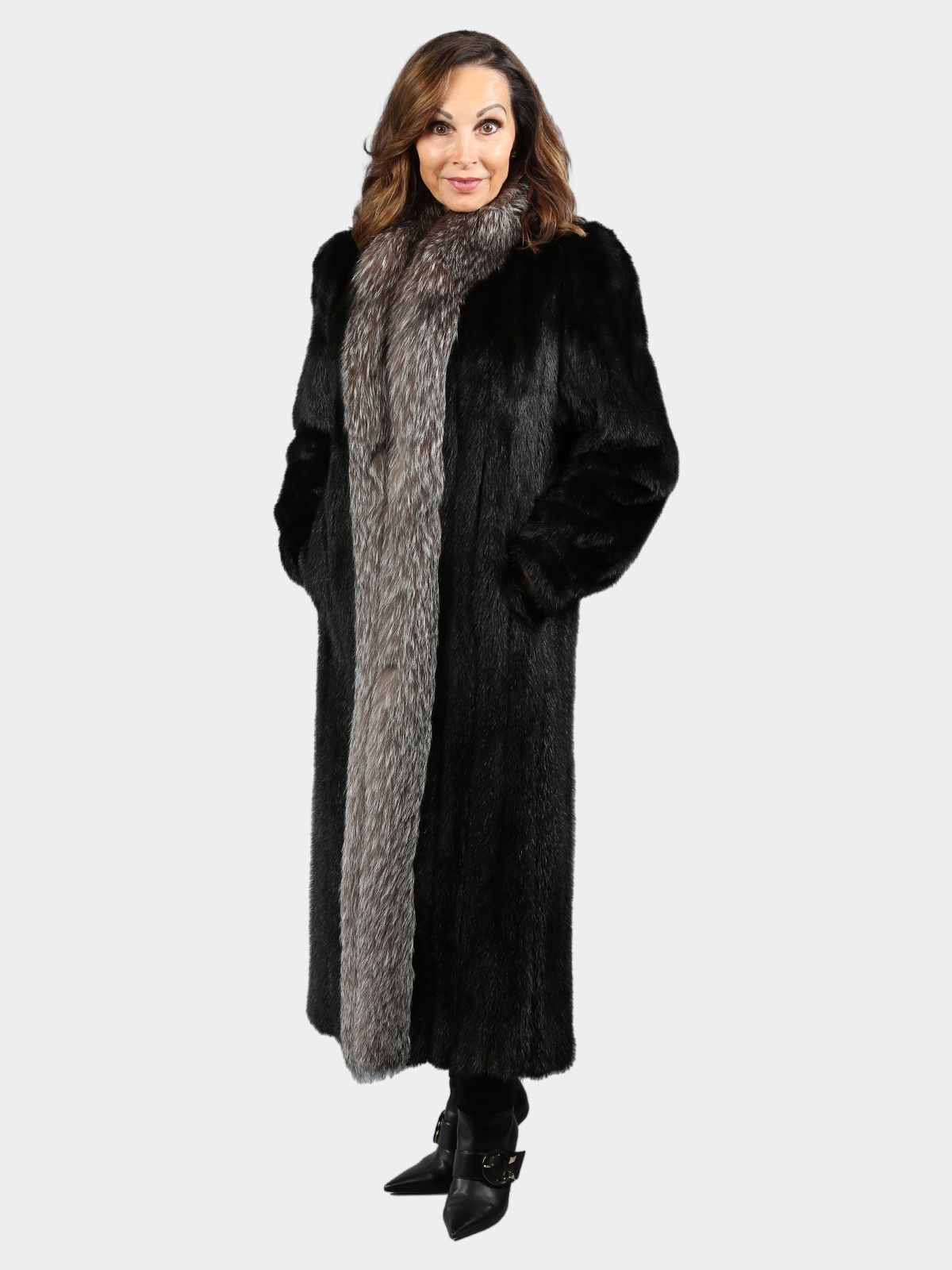 Woman s Natural Ranch Mink Fur Coat with Indigo Fox Tuxedo Front Estate Furs