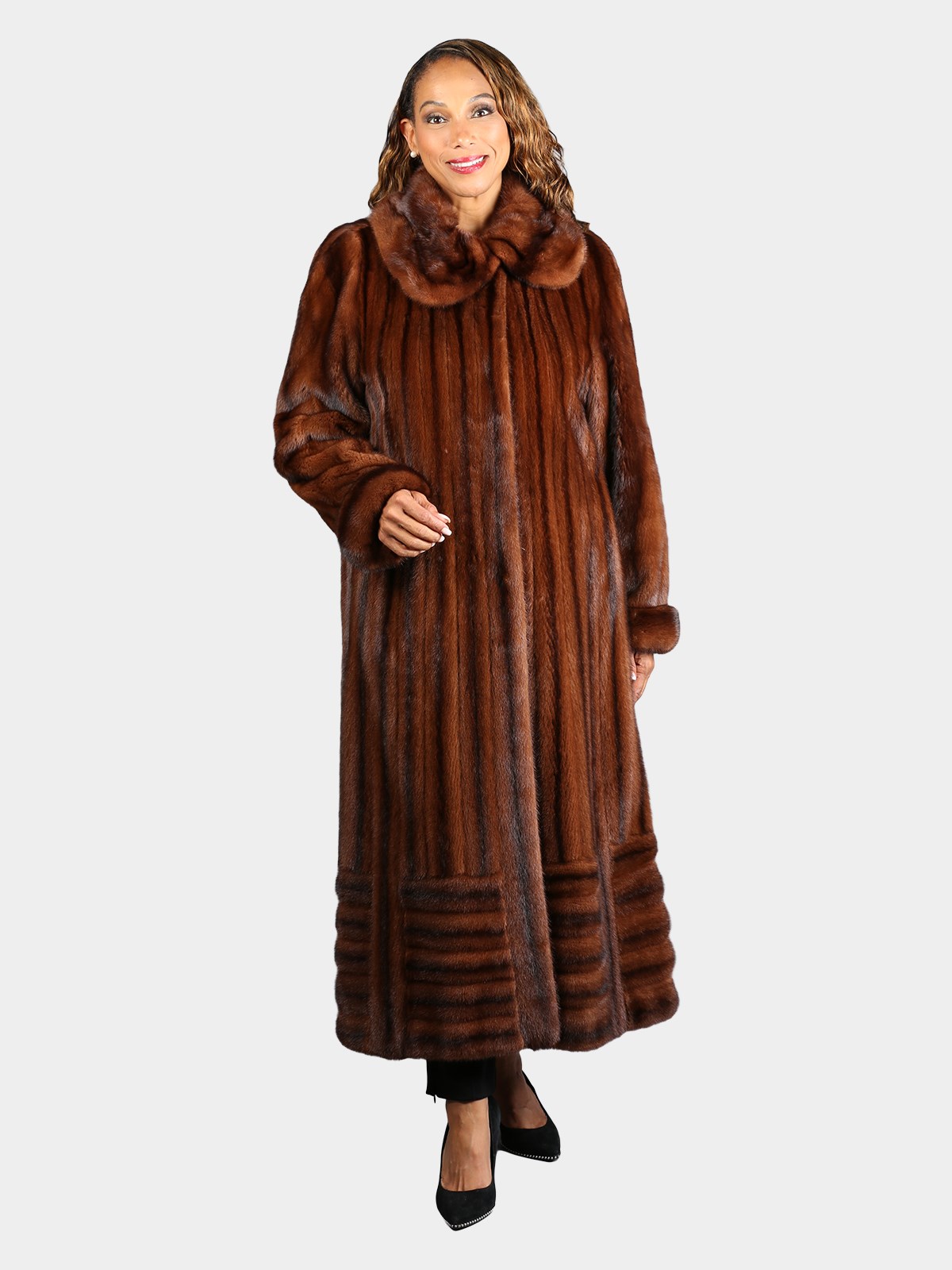 Woman's Dyed Burnt Umber Female Mink Fur Coat with Directional Design