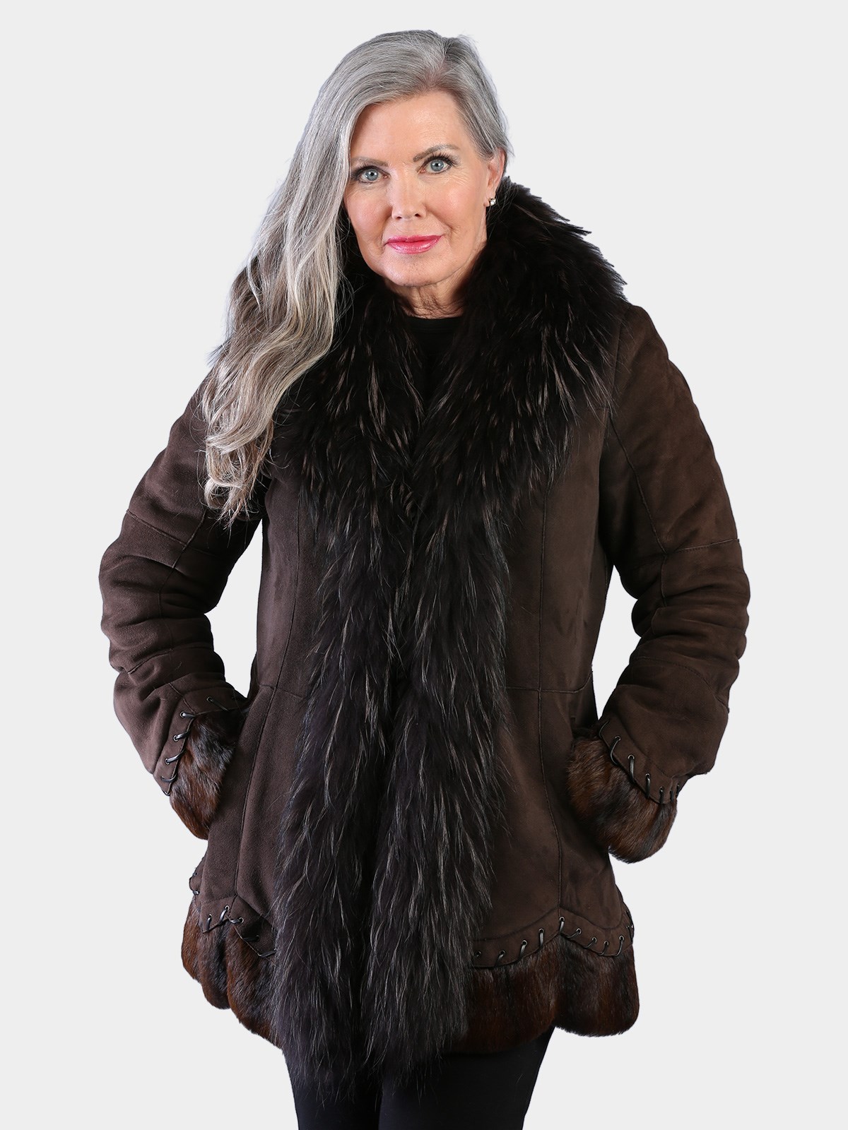 Woman's Dyed Brown Shearling Lamb Fur Jacket with Finn Raccoon Trim