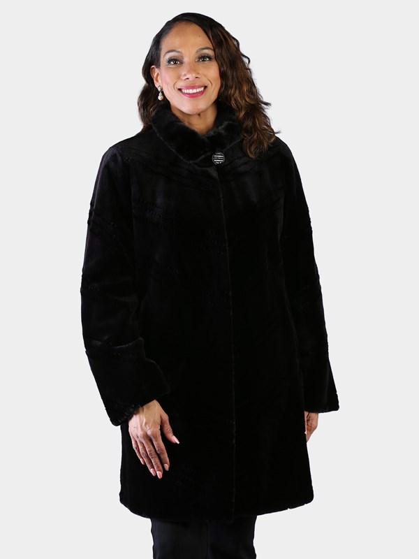 Woman's Dyed Black Sheared Mink Fur Stroller Reversing to Black Rain Taffeta