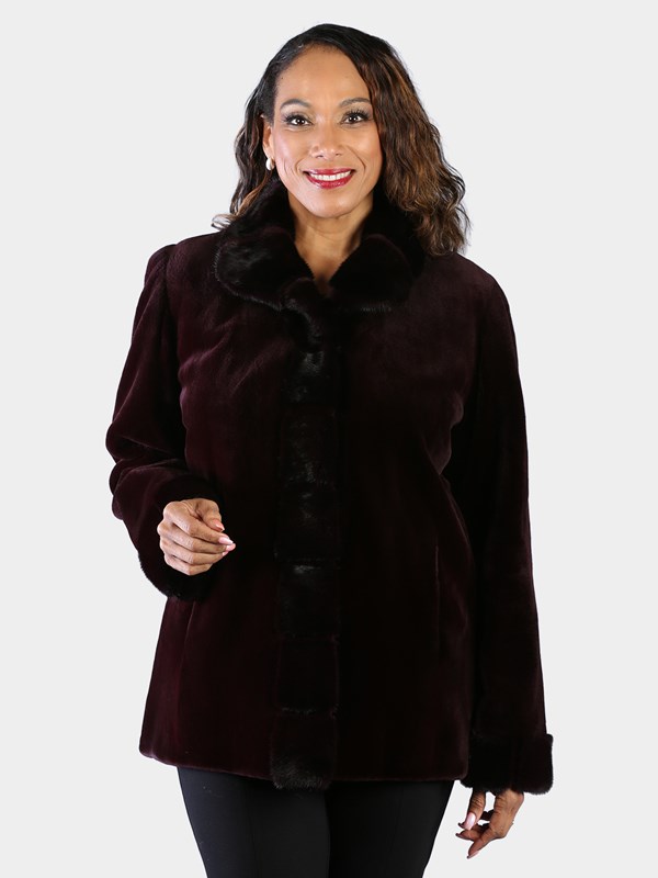 Woman's Dyed Matara Sheared Mink Fur Jacket Reversible to Rain Taffeta