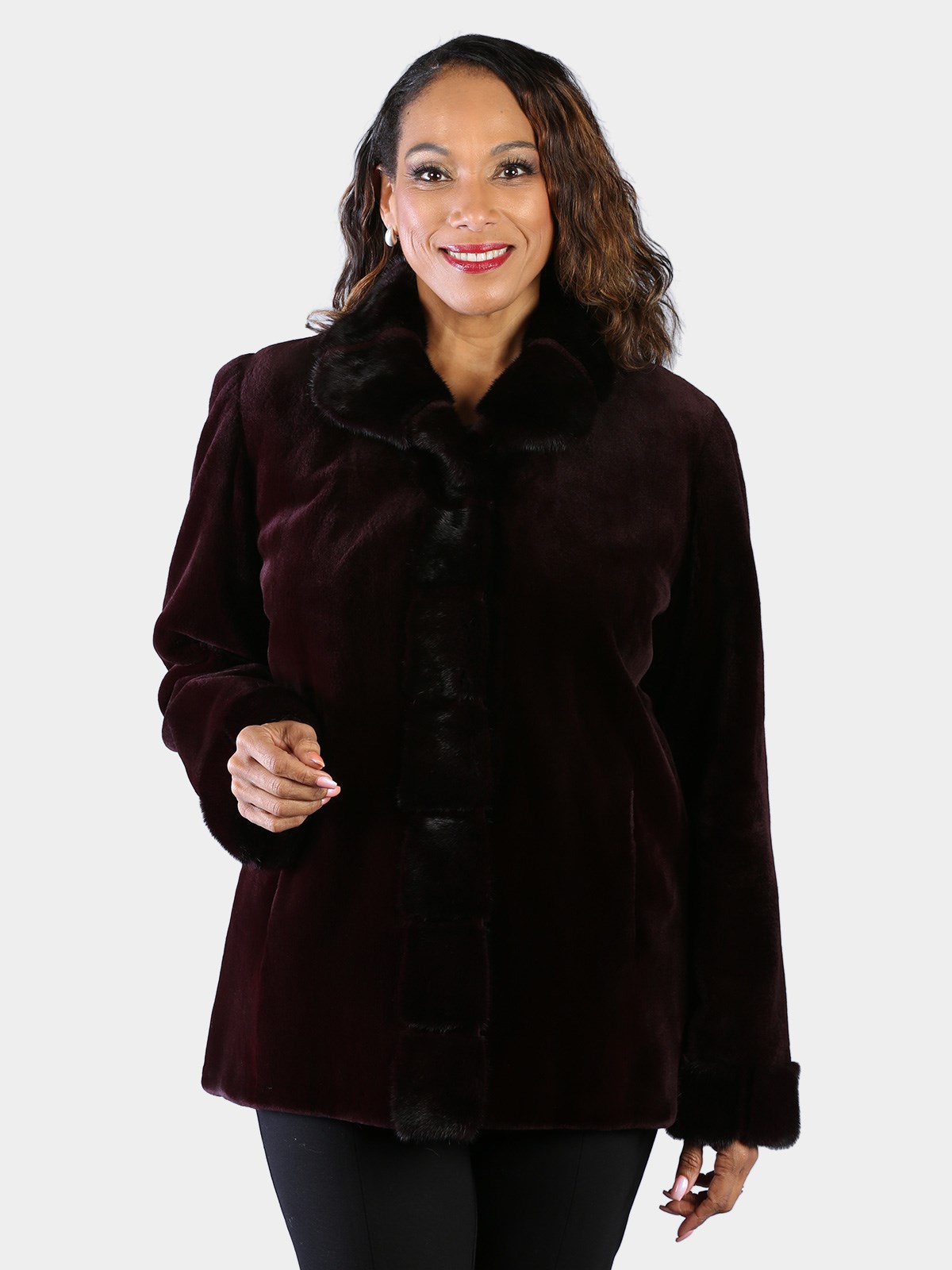 Woman's Dyed Matara Sheared Mink Fur Jacket Reversible to Rain Taffeta