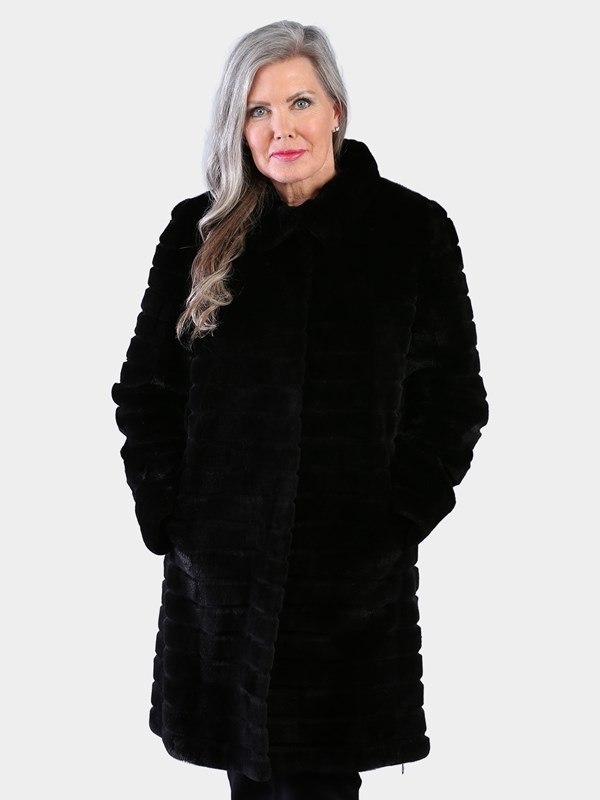 Woman's Dyed Black Semi Sheared Mink Fur Stroller Reversible to Rain Taffeta