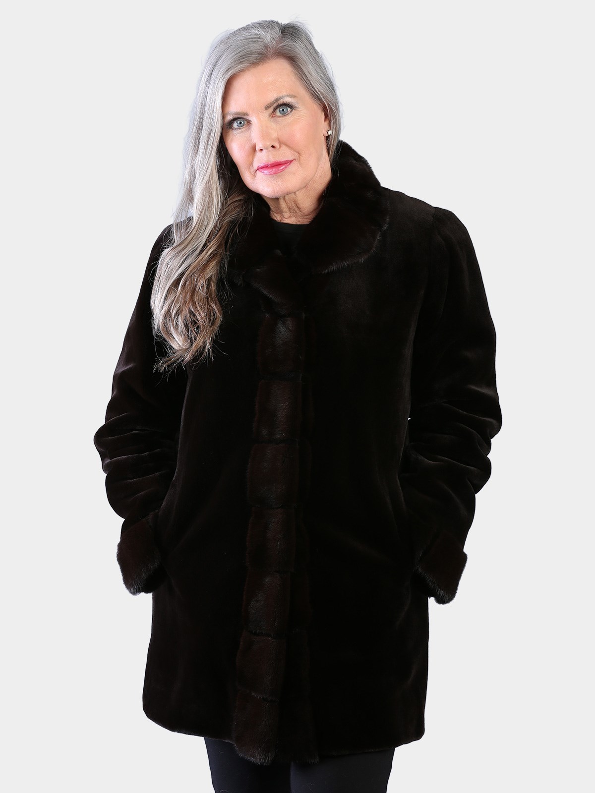 Woman's Dyed Dark Brown Sheared Mink Fur Stroller Reversing to Rain Taffeta