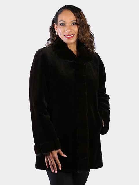 Woman's Dyed Dark Brown Sheared Mink Fur Stroller Reversing to Rain Taffeta