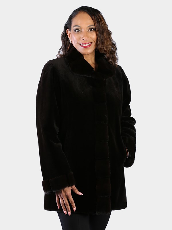 Woman's Dyed Dark Brown Sheared Mink Fur Stroller Reversing to Rain Taffeta