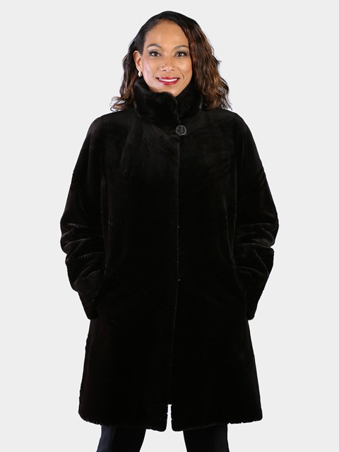 Woman's Dyed Dark Brown Sheared Mink Fur Stroller Reversing to Rain Taffeta