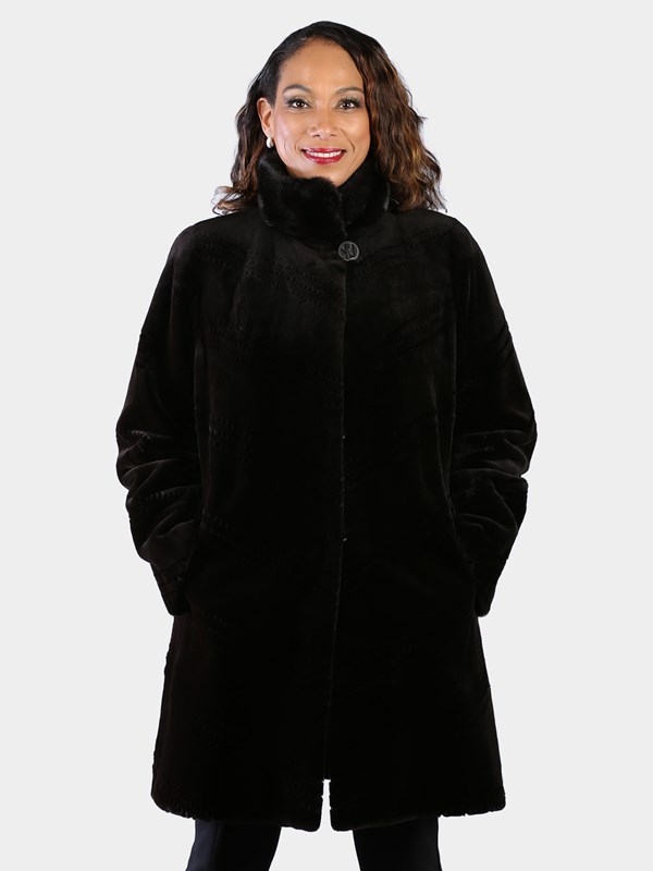 Woman's Dyed Dark Brown Sheared Mink Fur Stroller Reversing to Rain Taffeta