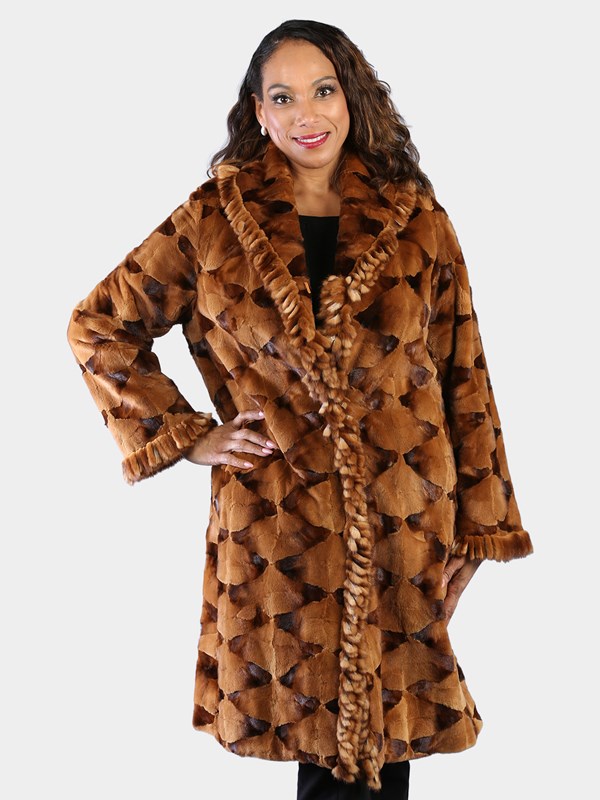 Woman's Whiskey Sheared and Sculptured Two Tone Mink Fur 7/8 Coat