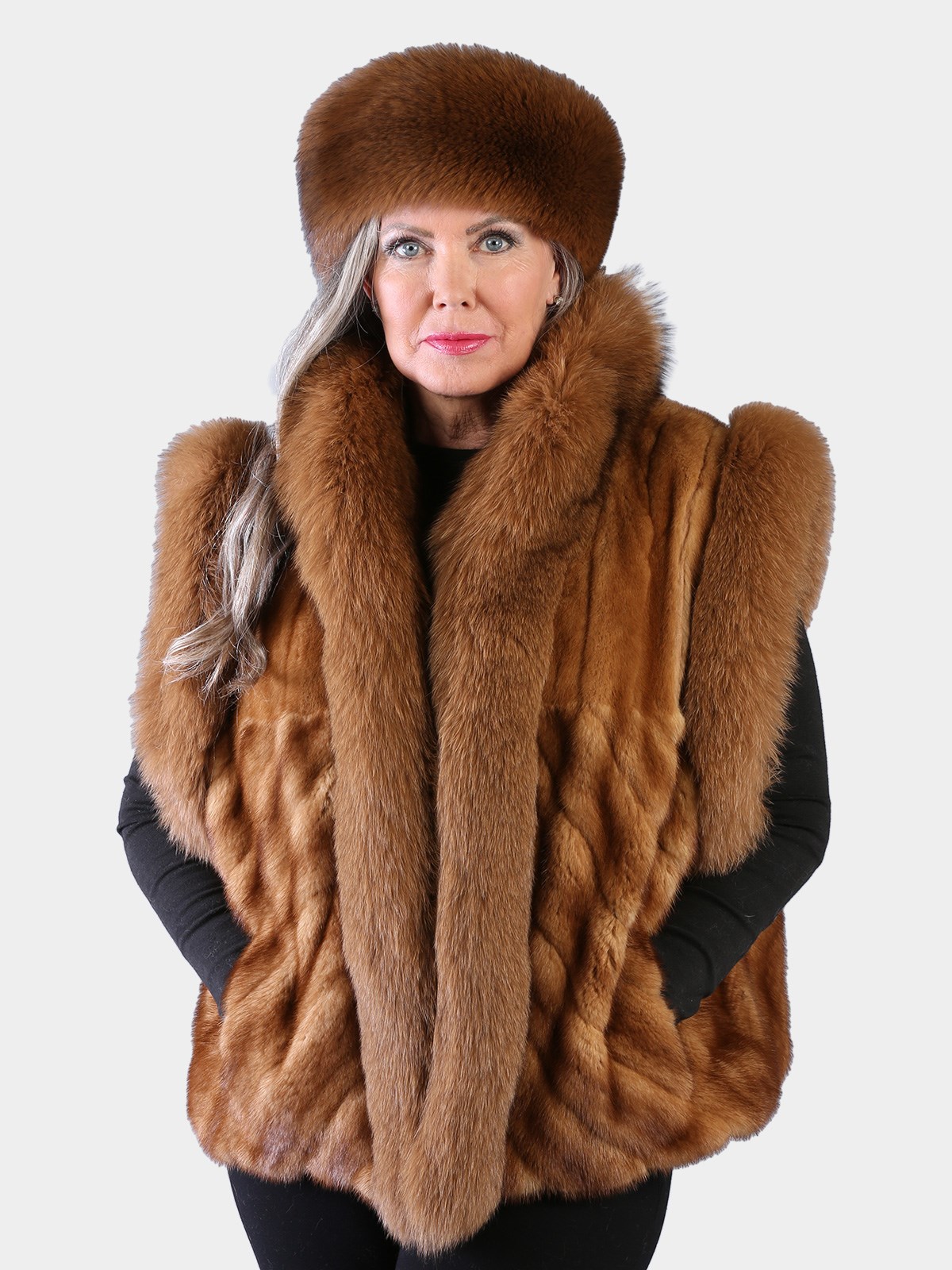 Woman's Plus Size Natural Whiskey Female Mink Fur Vest with Dyed to Match Fox Trim with Matching Fox Headband
