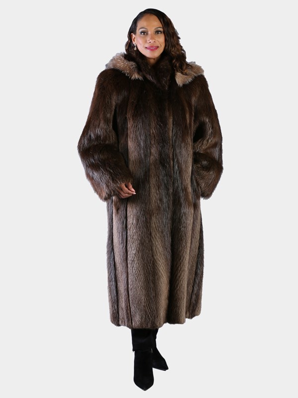 Woman's Natural Medium Tone Long Hair Beaver Fur Coat with Detachable Hood