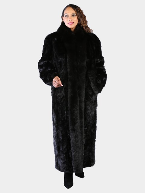 Woman's Dyed Black Sculptured Mink Fur Coat with Fox Tuxedo Front