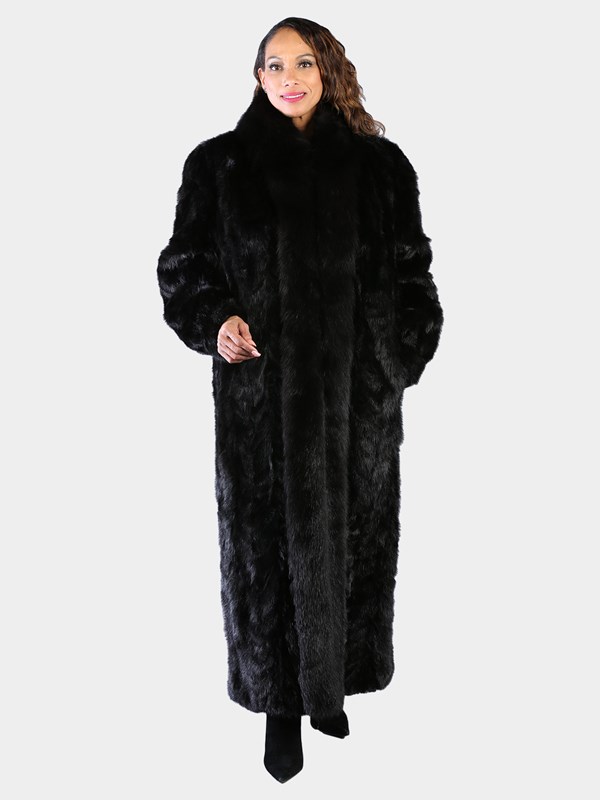 Woman's Dyed Black Sculptured Mink Fur Coat with Fox Tuxedo Front