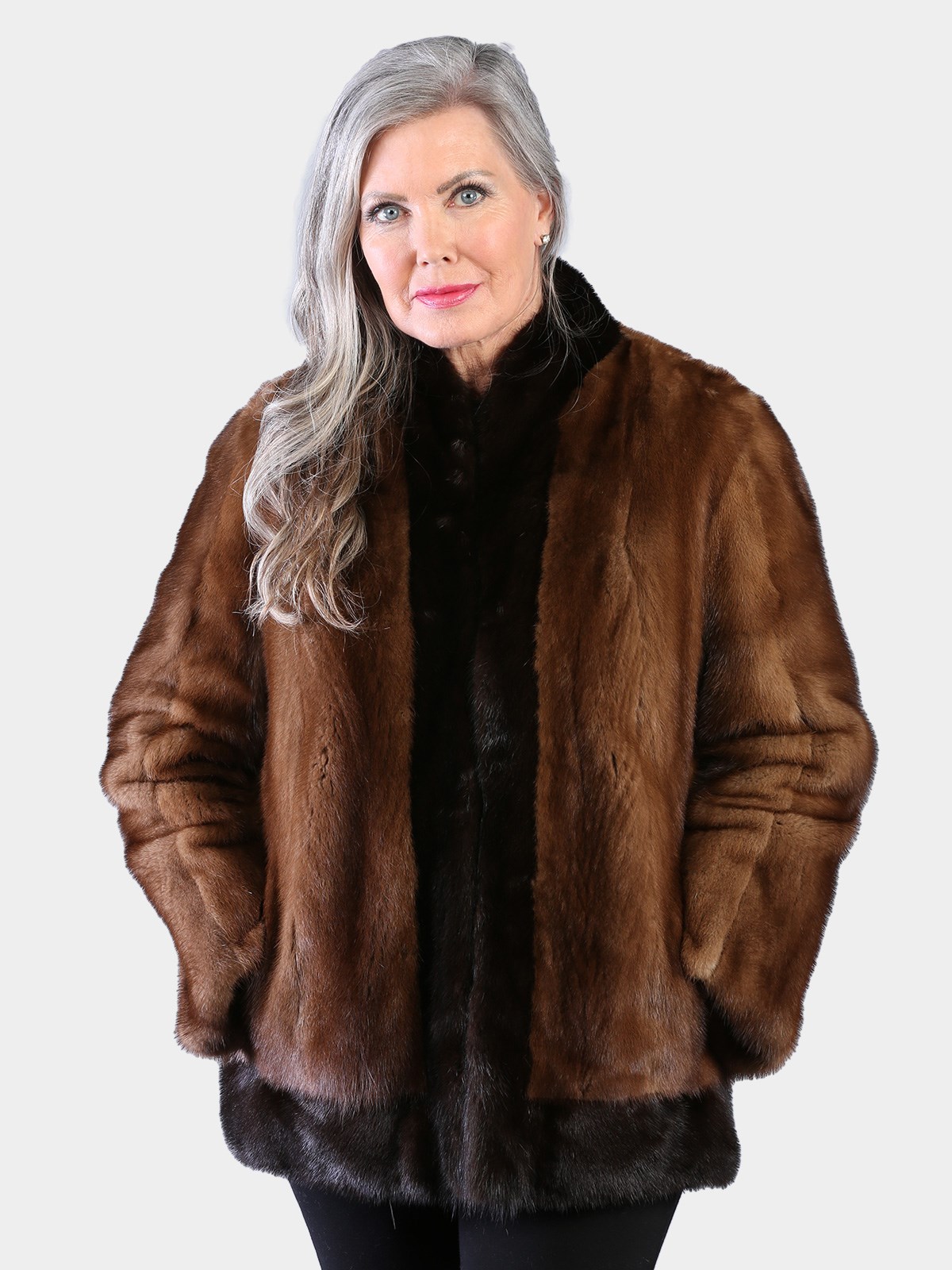 Woman's Natural Lunaraine Vintage Mink Fur Jacket with Mahogany Mink Trim