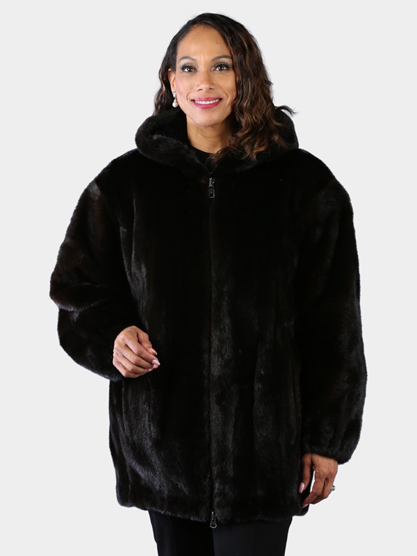 Woman's Plus Size Natural Deepest Mahogany Mink Fur Parka