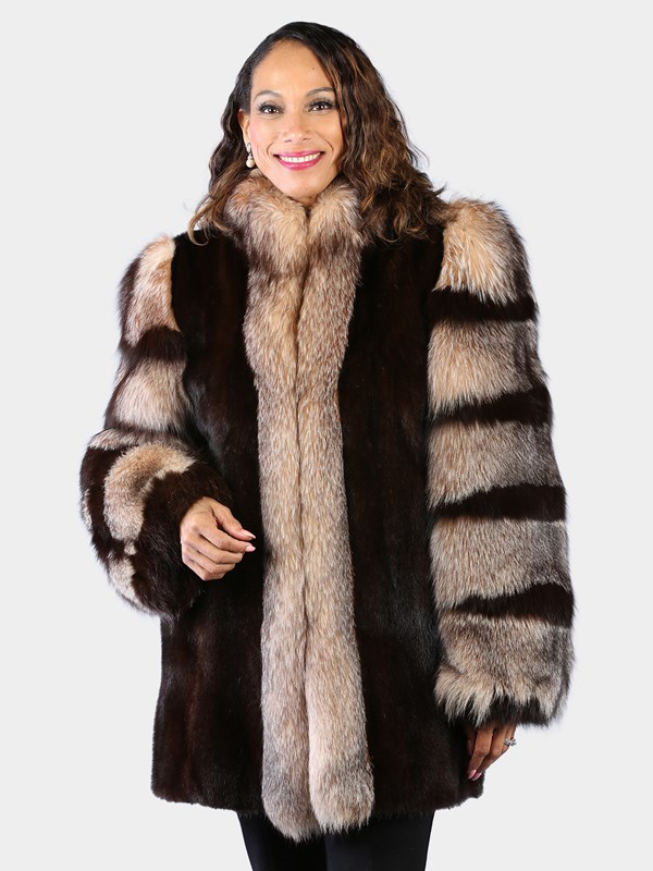 Woman's Natural Mahogany Mink Fur Stroller with Crystal Fox Tuxedo Front and Sleeves