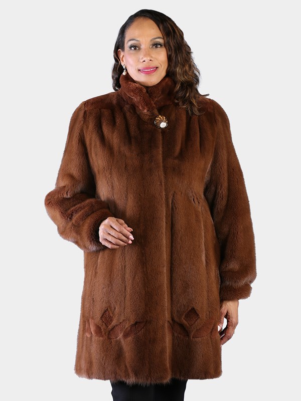 Woman's Dyed Whiskey Mink Fur Stroller with Sheared Beaver Trim
