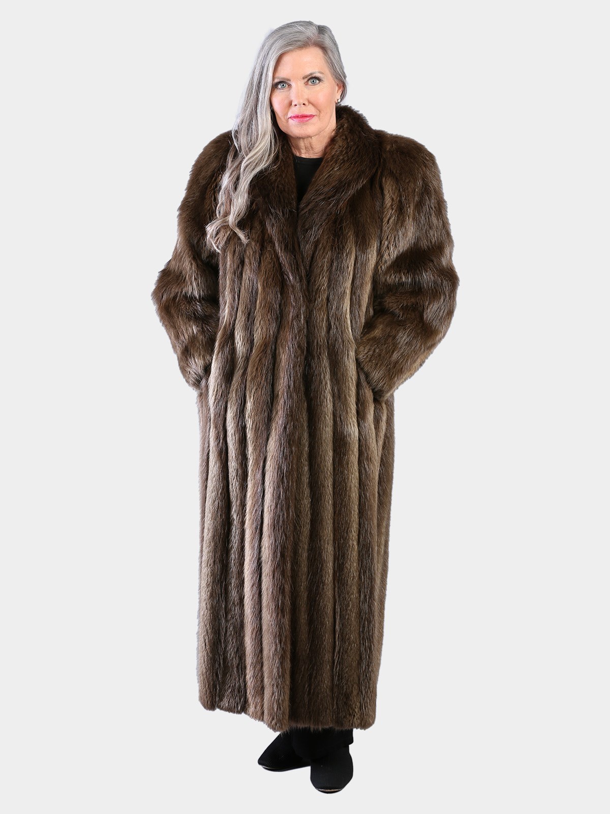Woman's Natural Medium Tone Long Hair Beaver Fur Coat