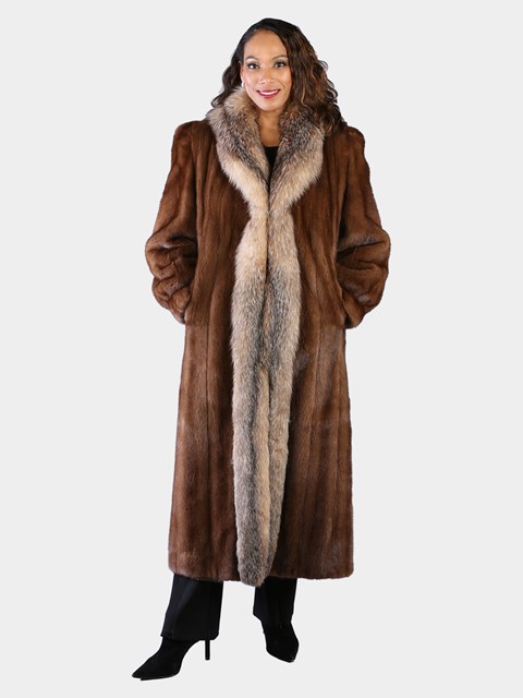 Woman's Natural Lunaraine Mink Fur Coat with Crystal Fox Tuxedo Front