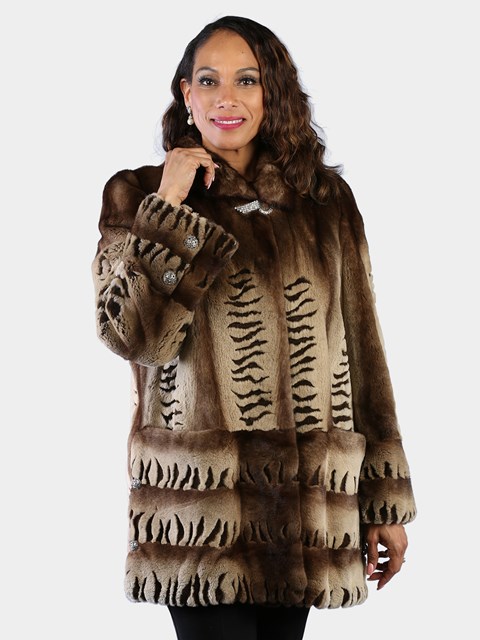 Woman's Semi Sheared Mahogany Degrade Mink Fur Stroller with Abstract Laser Design