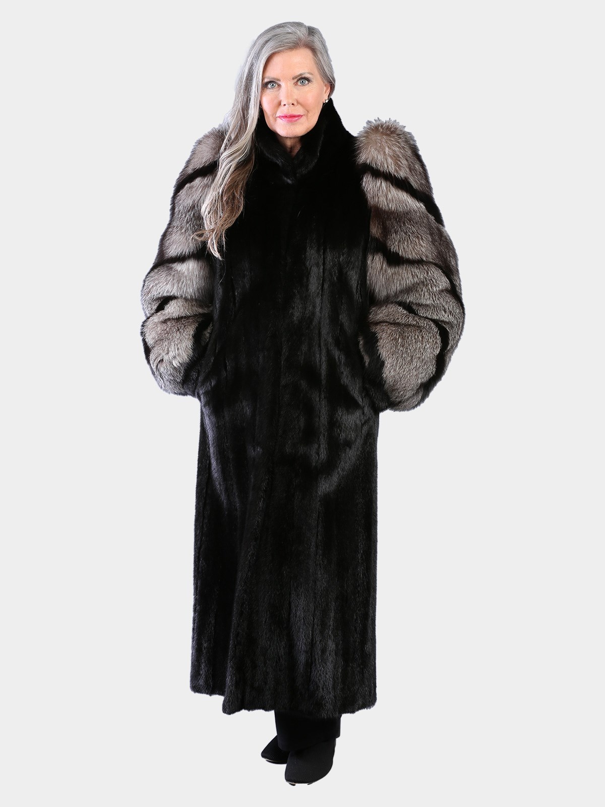 Woman's Natural Ranch Mink Coat with Two Tone Fox Sleeves