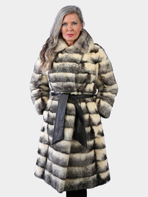 Woman's Vintage Natural Black Cross Female Mink Fur Coat with Leather Belt