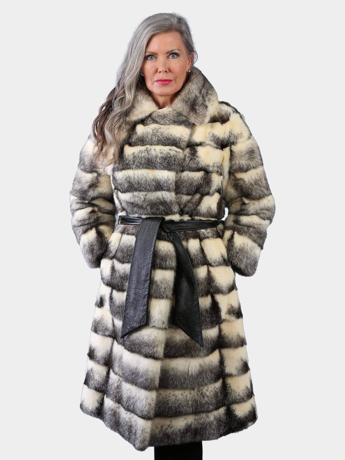 Woman's Vintage Natural Black Cross Female Mink Fur Coat with Leather Belt