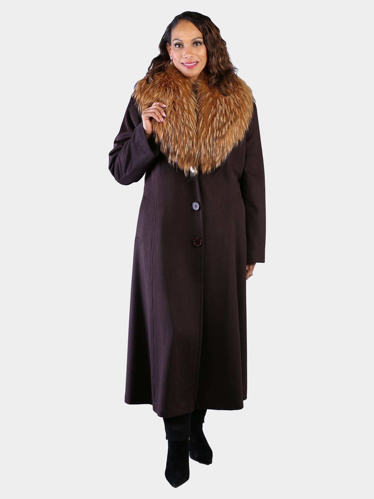 Woman's Brown 100% Cashmere Coat with Dyed Finn Raccoon Collar