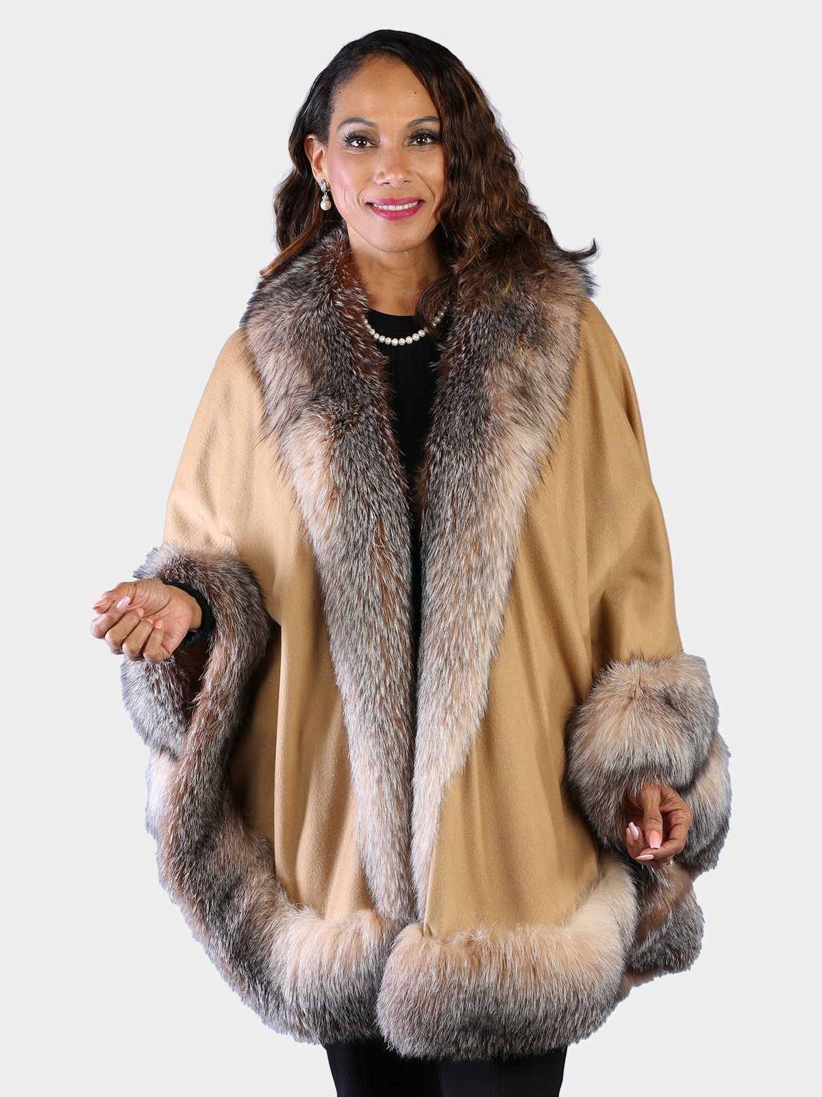 Woman's Gold Wool Cape with Crystal Fox Trim