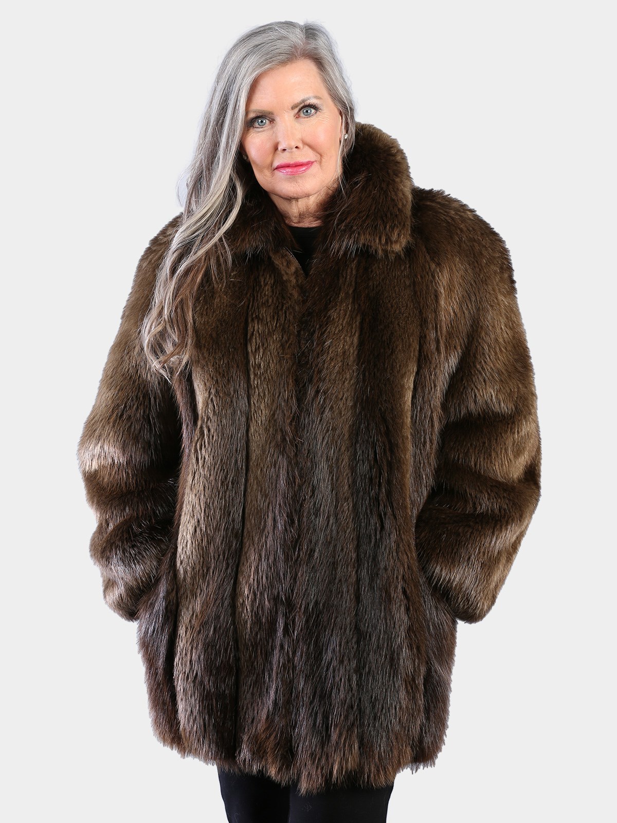 Woman's Natural Medium Tone Long Hair Beaver Jacket Reversing to Brown Leather