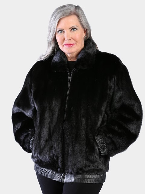 Woman's Natural Ranch Female Mink Fur Jacket Reversing to Black Leather