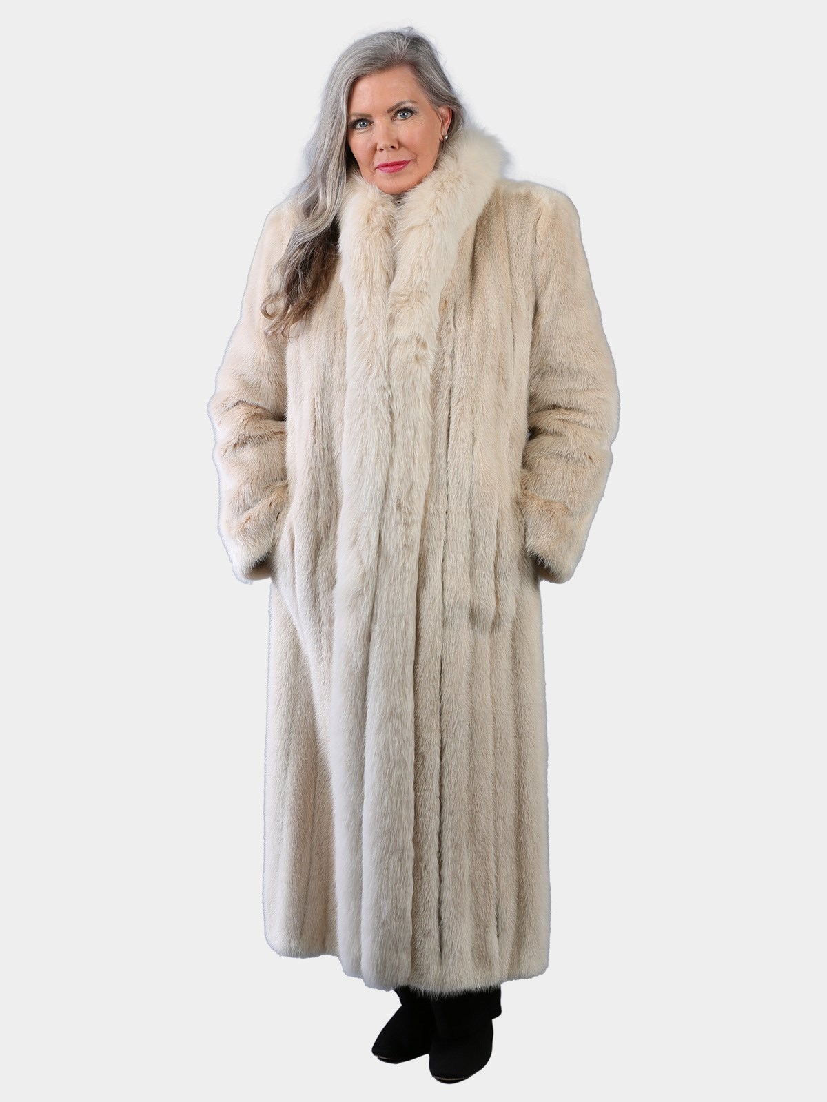 Woman's Natural Blush Mink Fur Coat with Dyed to Match Fox Tuxedo Front