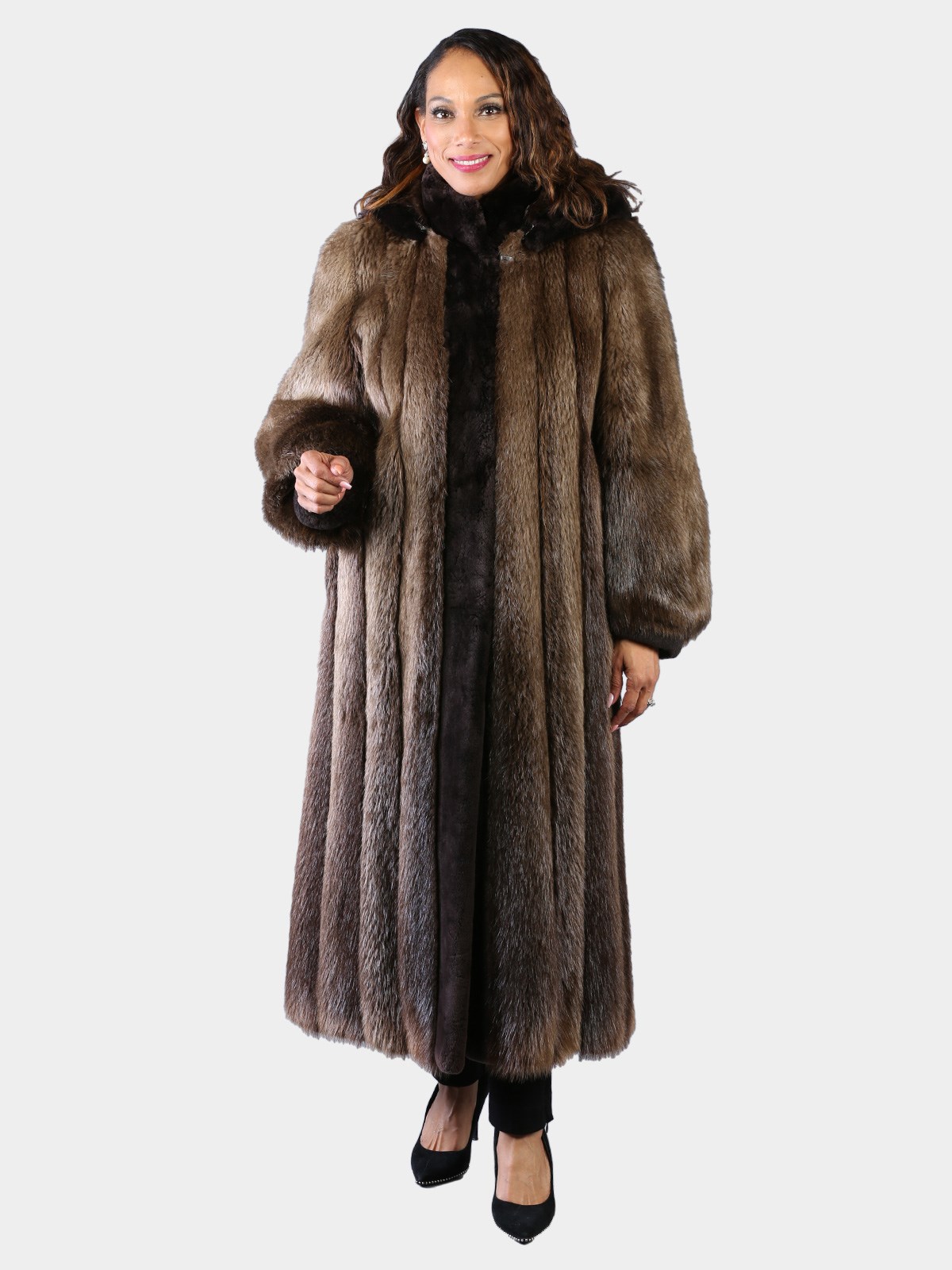 Woman's Natural Medium Tone Beaver Fur Coat with Detachable Hood