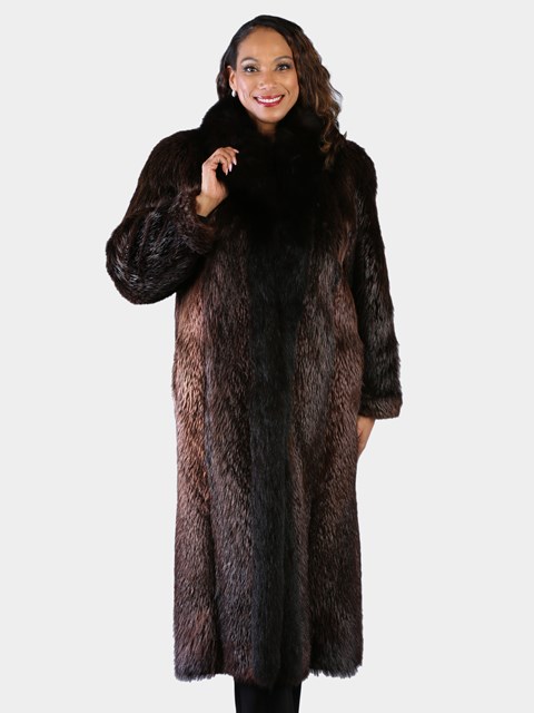 Woman's Natural Chestnut Long Hair Beaver Fur Coat with Fox Trim