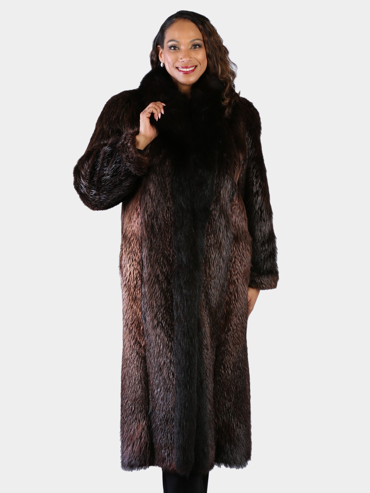 Woman's Natural Chestnut Long Hair Beaver Fur Coat with Fox Trim