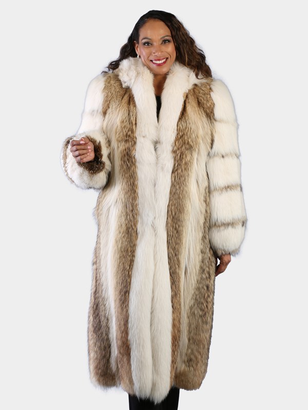 Woman's Natural Cayote Coat with Shadow Fox Tuxedo Front and Sleeves