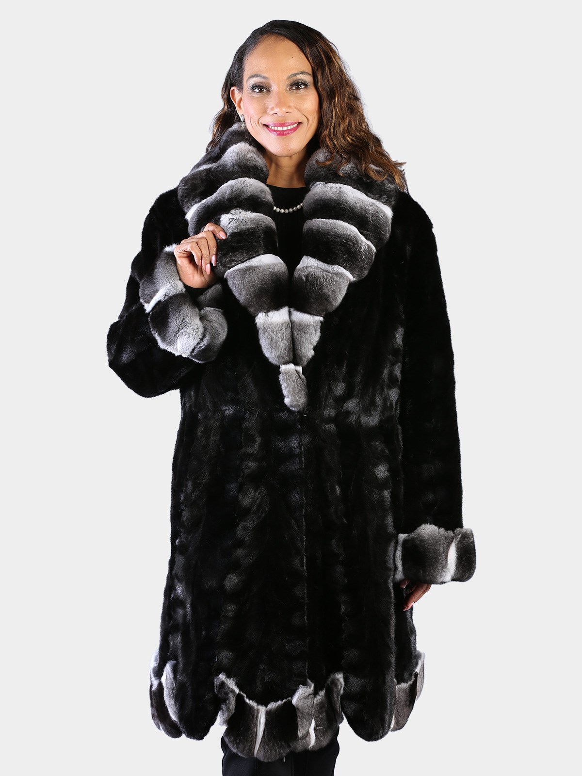 Woman's Dyed Black Semi Sheared Sculptured Mink Fur 7/8 Coat with Chinchilla Trim