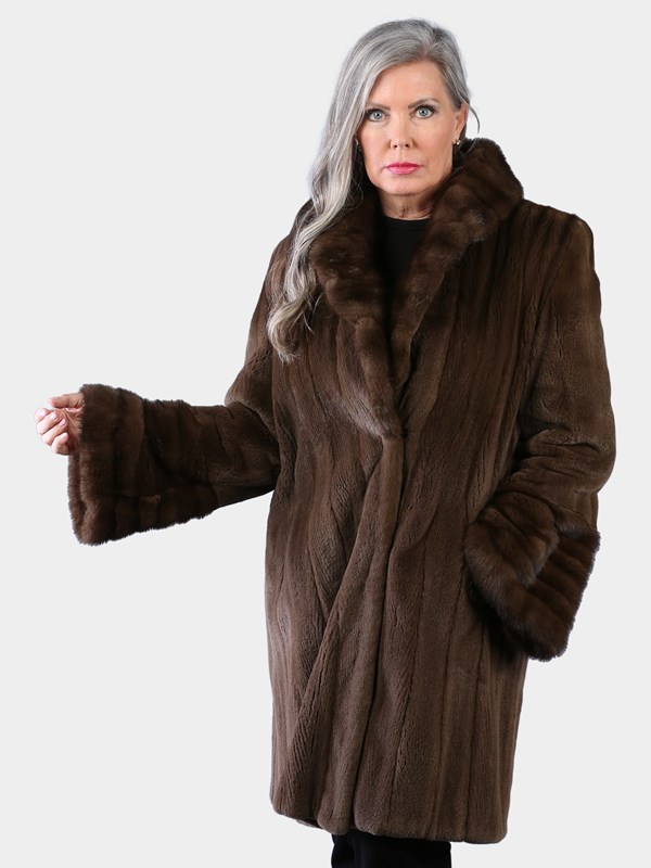 Woman's Light Brown Dyed Sheared Mink Fur Stroller with Traditional Mink Trim
