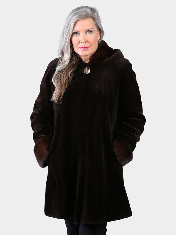 Woman's Dyed Brown Sheared Mink Fur Stroller with Hood