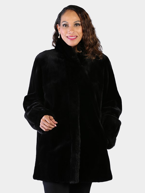 Woman's Dyed Black Sheared Mink Stroller Reversing to Rain Taffeta