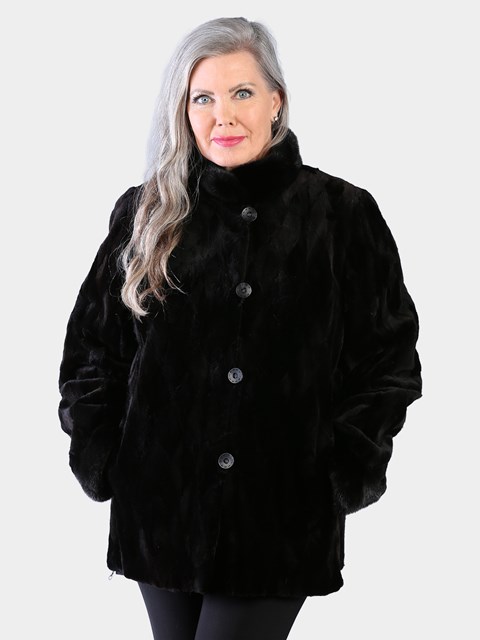 Woman's Dyed Black Sheared and Sculptured Mink Jacket Reversing to Rain Taffeta
