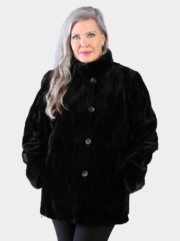 Woman's Dyed Black Sheared and Sculptured Mink Jacket Reversing to Rain Taffeta