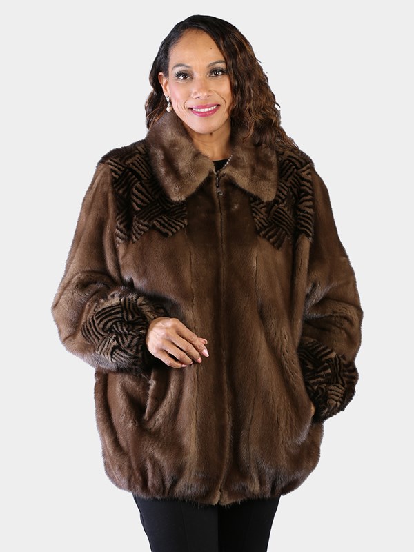 Woman's Plus Size Natural Lunaraine Mink Fur Jacket with Mahogany Design