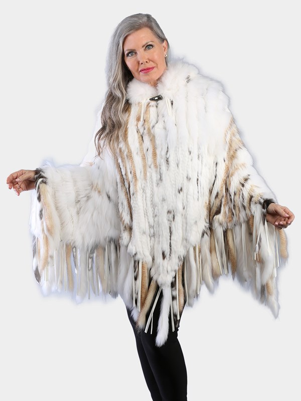 Woman's Natural White and Multicolored Knit Fox Finn Raccoon and Rex Rabbit Poncho