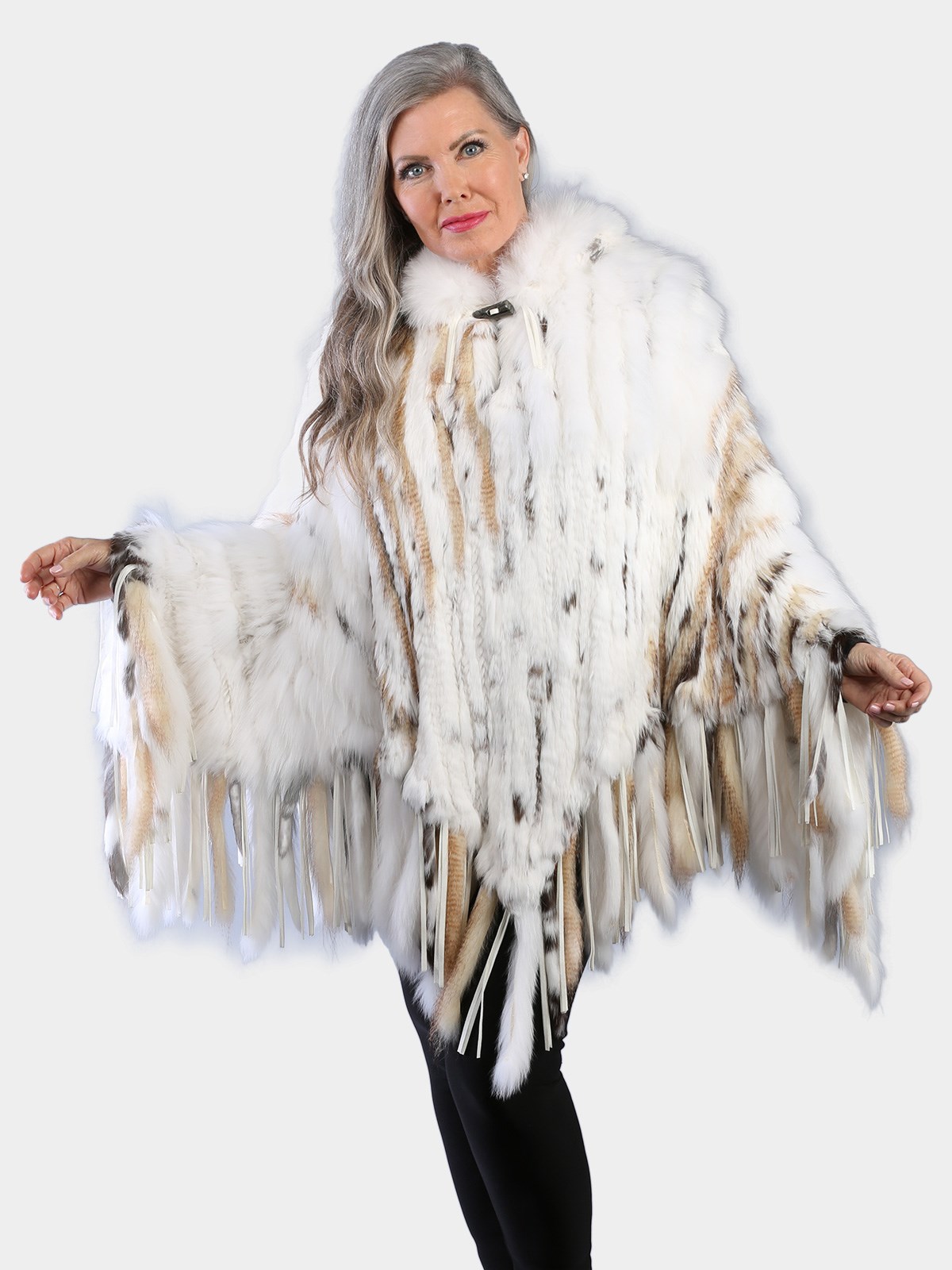 Woman's Natural White and Multicolored Knit Fox Finn Raccoon and Rex Rabbit Poncho