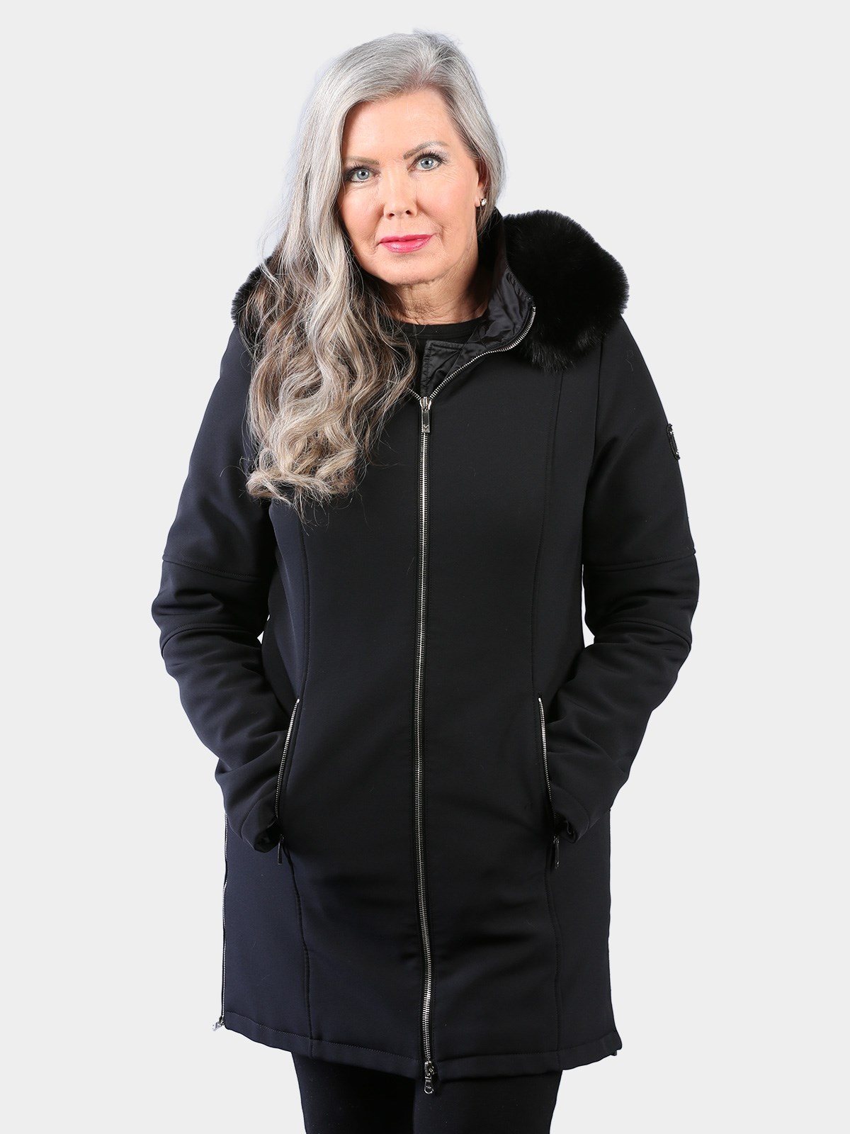 Woman's Black Techno Fabric Stroller with Detachable Hood