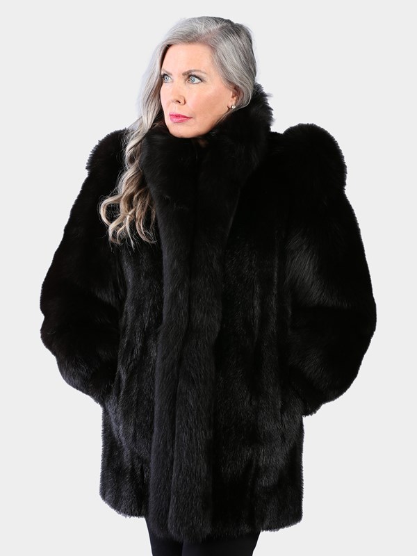 Woman's Natural Ranch Mink Fur Jacket with Black Fox Sleeves and Tuxedo Front