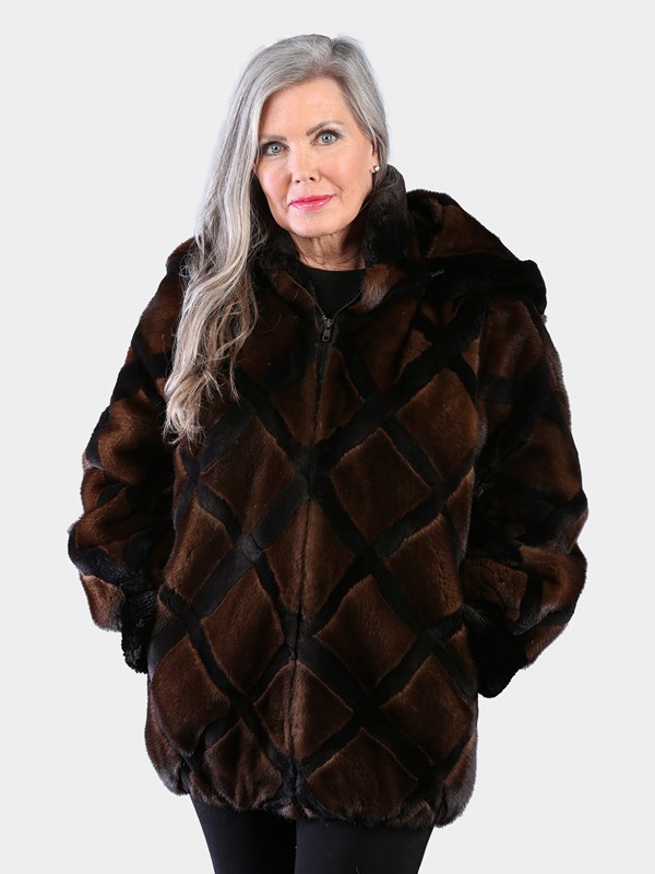 Woman's Natural Mahogany Mink Fur Jacket with Black Sheared Beaver Trim with Detachable Hood