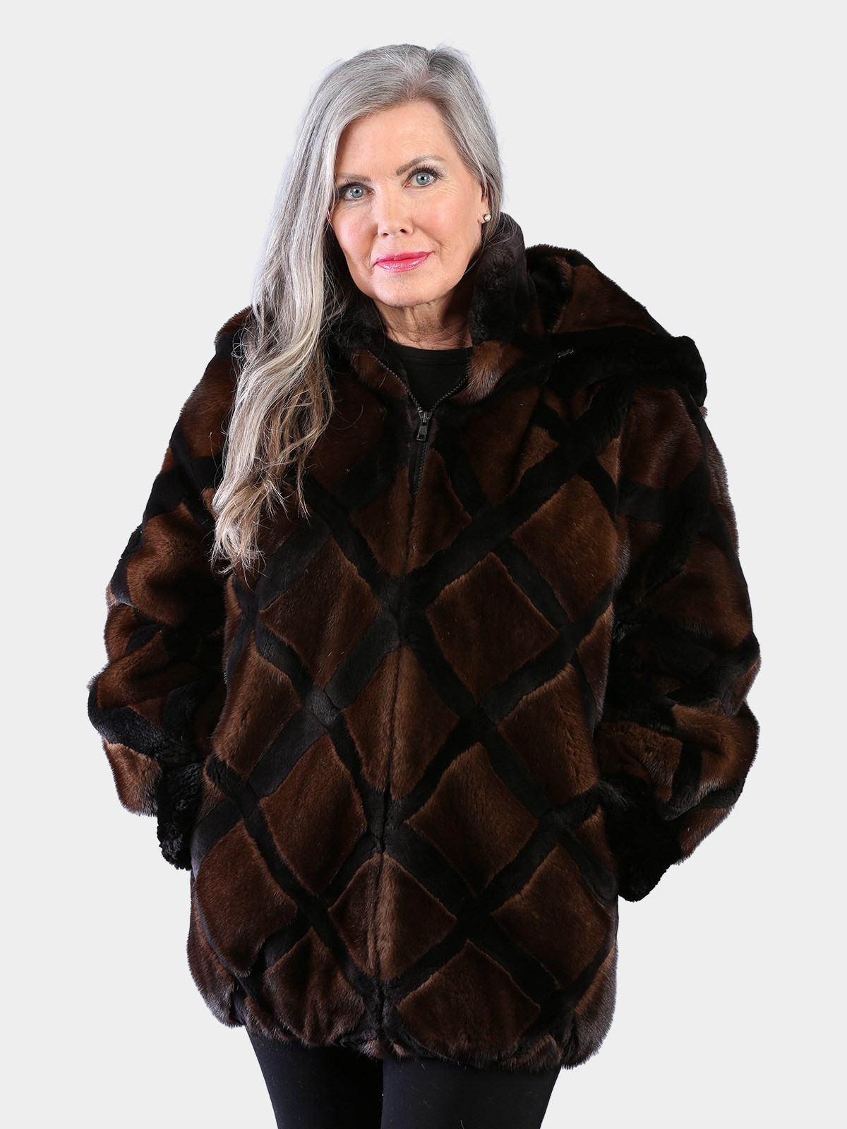 Woman's Natural Mahogany Mink Fur Jacket with Black Sheared Beaver Trim with Detachable Hood