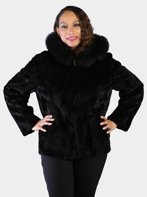 Woman's Plus Size Dyed Black Sheared Sculptured Mink Fur Parka Reversible to Rain Taffeta